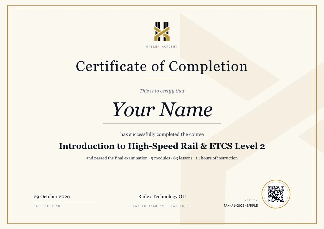 Sample Railex Academy certificate of completion